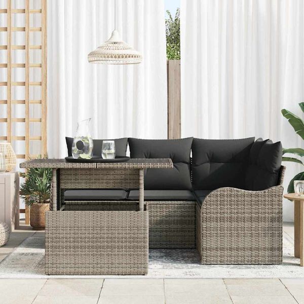vidaXL Gar&eth;s&oacute;fa sett me&eth; p&uacute;&eth;i me&eth; kodda 5 pcs Gr&aacute;r Poly Rattan
