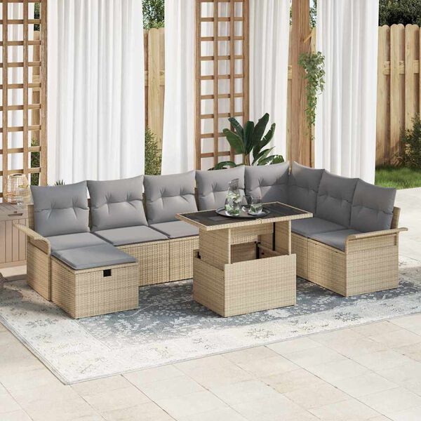vidaXL Gar&eth;s&oacute;fa sett me&eth; p&uacute;&eth;i 9 pcs Drapplita&eth;ur Poly rattan