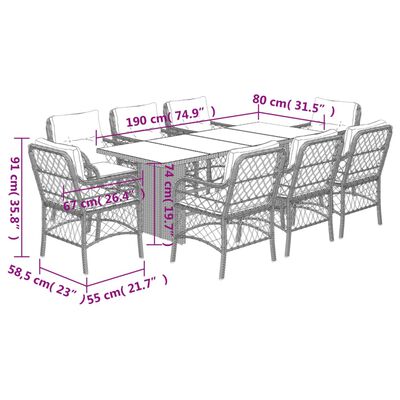 vidaXL 9 Parta Garðborðsett með Sessum Brúnt Pólýrattan