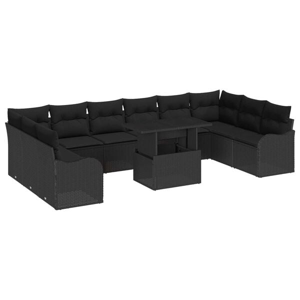 vidaXL Gar&eth;s&oacute;fa sett me&eth; p&uacute;&eth;i me&eth; kodda 11 pcs Svartur Poly Rattan