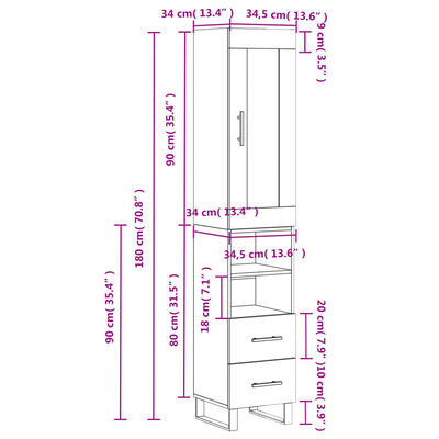 vidaXL Hár Skápur Grár Sonoma 34,5x34x180 cm Samsettur Viður