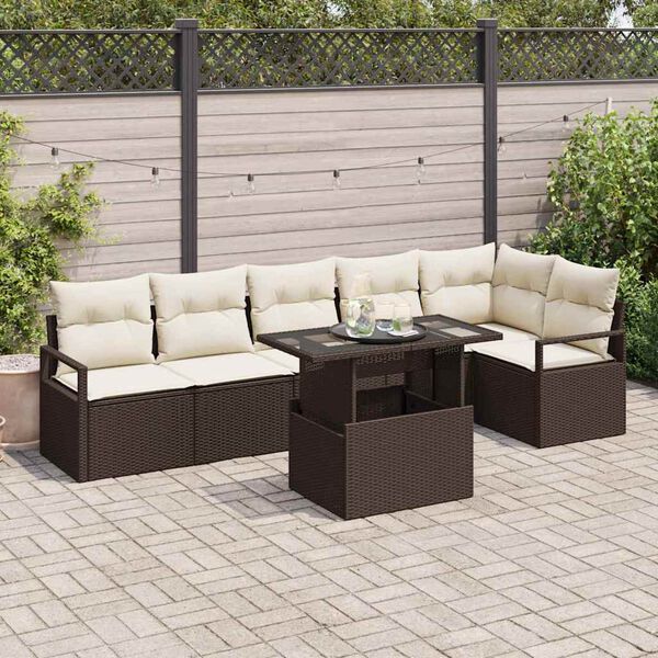 vidaXL Garðsófa sett með púði 7 pcs Brúnn Poly rattan
