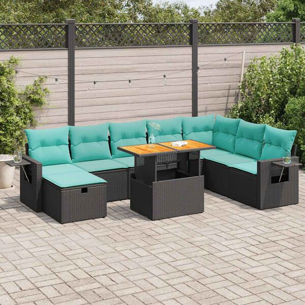 vidaXL 9 stykki gar&eth;s&oacute;fasett me&eth; p&uacute;&eth;um Black Poly Rattan Acacia
