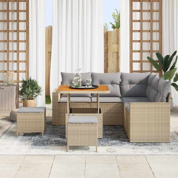 vidaXL Gar&eth;s&oacute;fa sett me&eth; p&uacute;&eth;i 9 pcs Beige og lj&oacute;sgr&aacute;r p&oacute;l&yacute;rattan