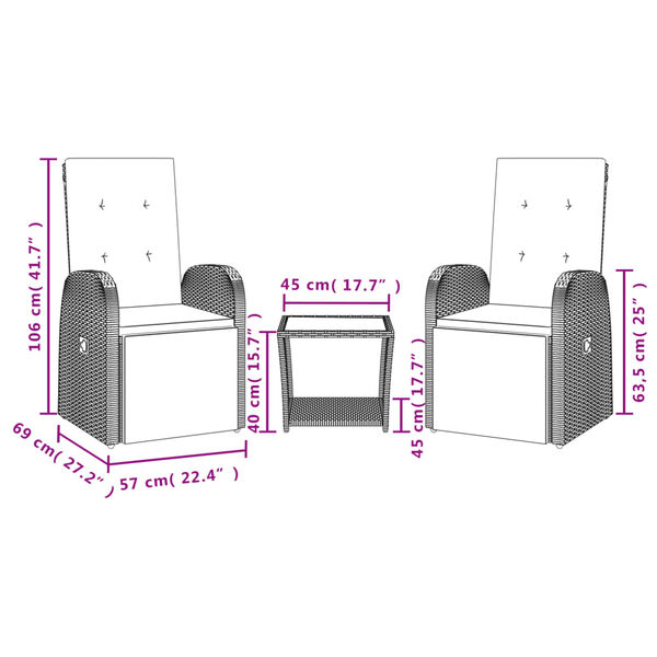 vidaXL 3 Hluta Gar&eth;bor&eth;stofusett me&eth; Sessum Gr&aacute;tt P&oacute;l&yacute;rattan