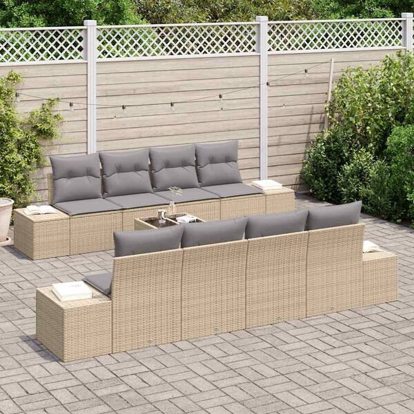 vidaXL Gar&eth;s&oacute;fa sett me&eth; p&uacute;&eth;i 8 pcs Beige og Gr&aacute;tt p&oacute;l&yacute;rattan