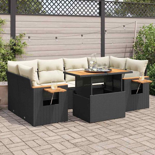 vidaXL 7 stykki garðsófasett með púðum Black Poly Rattan Acacia