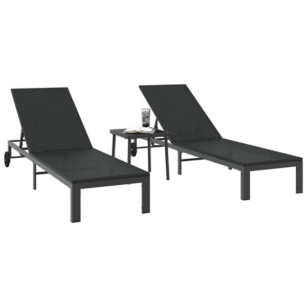 vidaXL Sunbed með púði 2-Persóna 3 pcs Svartur pólýrattan