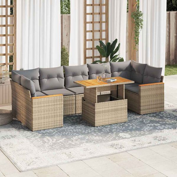 vidaXL 8 stykki gar&eth;s&oacute;fasett me&eth; p&uacute;&eth;um Beige Poly Rattan Acacia