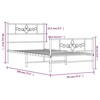 vidaXL Rúmgrind úr Málmi með Höfuðgafli & Fótagafli Hvít 90x190 cm