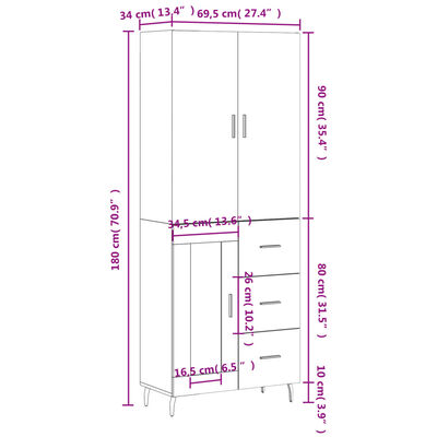 vidaXL Hár Skápur Reyktóna Eikarlitur 69,5x34x180 cm Samsettur Viður