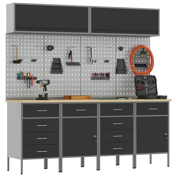 vidaXL Vinnusk&aacute;paset 10 pcs Svartur Pulverlita&eth;ur st&aacute;l og hanna&eth; tr&eacute;