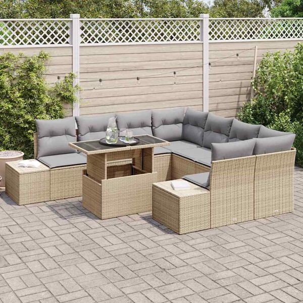 vidaXL S&oacute;fasett me&eth; p&uacute;&eth;i 9 pcs Beige og lj&oacute;sgr&aacute;r p&oacute;l&yacute;rattan