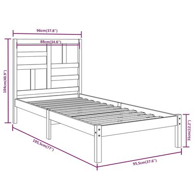 vidaXL Rúmgrind án Dýnu Gegnheil Viður Hvítur 90X190 cm