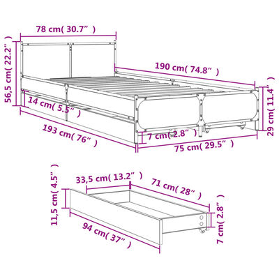 vidaXL Rúmgrind með Skúffum án Dýnu Gráir Sonoma Eik 75x190 cm