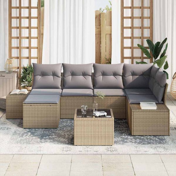 vidaXL Garðsófa sett með púði 6 pcs Beige og ljósgrár pólýrattan