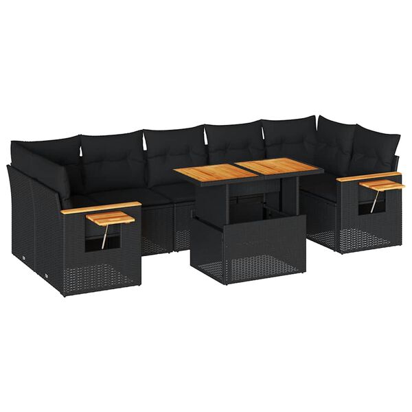vidaXL 8 stykki garðsófasett með púðum Black Poly Rattan Acacia