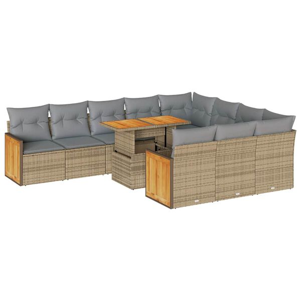 vidaXL 11 bita gar&eth;s&oacute;fasett me&eth; p&uacute;&eth;um Beige Poly Rattan Acacia