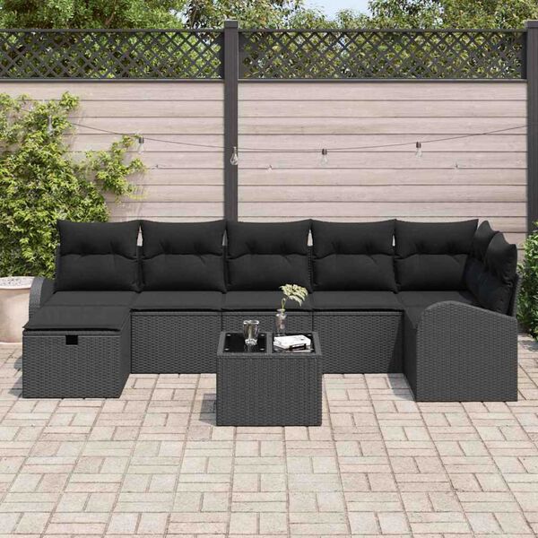 vidaXL Gar&eth;s&oacute;fa sett me&eth; p&uacute;&eth;i me&eth; geymslu 8 pcs Svartur Poly rattan