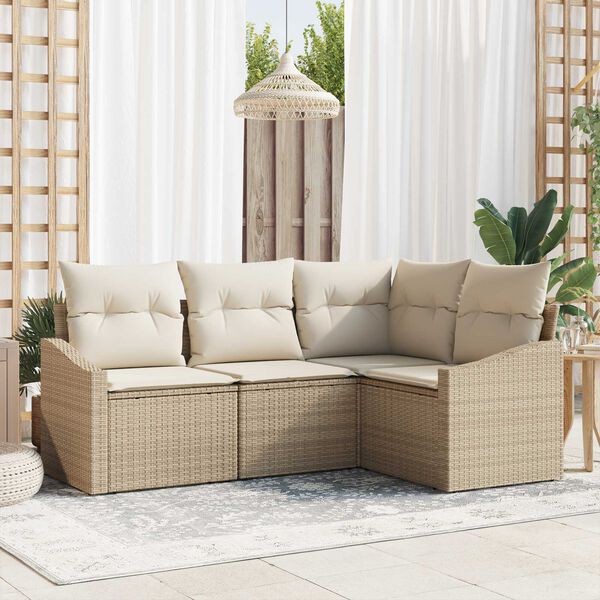vidaXL Gar&eth;s&oacute;fa sett me&eth; p&uacute;&eth;i 4 pcs Beige og Hv&iacute;tt p&oacute;l&yacute;rattan