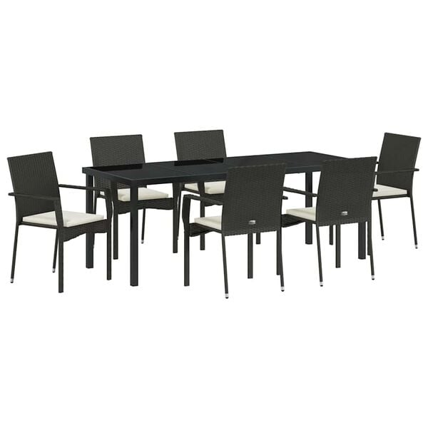 vidaXL Gar&eth;ur bor&eth;sett me&eth; p&uacute;&eth;i 7 pcs Svartur p&oacute;l&yacute;rattan