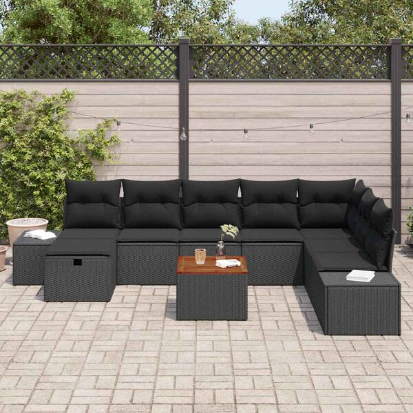 vidaXL Gar&eth;s&oacute;fa sett me&eth; p&uacute;&eth;i me&eth; geymslu 9 pcs Svartur Poly rattan