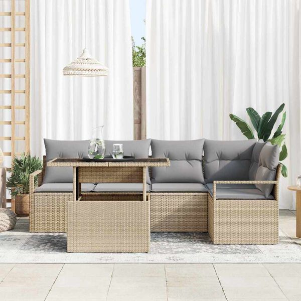 vidaXL Gar&eth;s&oacute;fa sett me&eth; p&uacute;&eth;i 6 pcs Beige og lj&oacute;sgr&aacute;r p&oacute;l&yacute;rattan