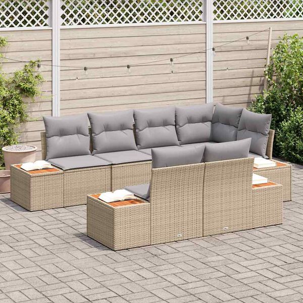 vidaXL Gar&eth;s&oacute;fa sett me&eth; p&uacute;&eth;i 7 pcs Beige og lj&oacute;sgr&aacute;r P&oacute;l&yacute;rattan