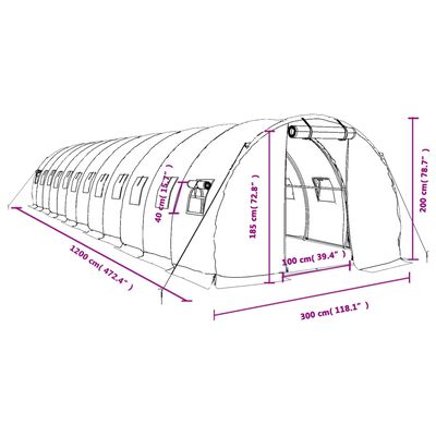 vidaXL Gróðurhús með Stálgrind Hvítt 36 m² 12x3x2 m