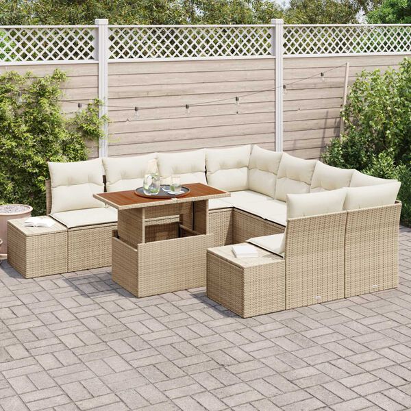 vidaXL Gar&eth;s&oacute;fa sett me&eth; geymslu 9 pcs Drapplita&eth;ur Poly rattan