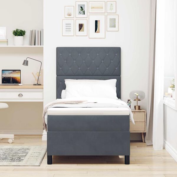 vidaXL LED Box Spring R&uacute;m me&eth; d&yacute;nu D&ouml;kk gr&aacute; 90 x 190 cm Flauel