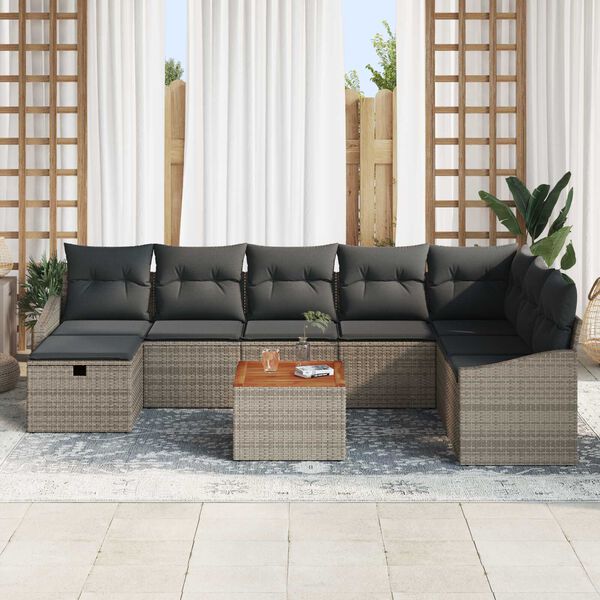 vidaXL Gar&eth;s&oacute;fa sett me&eth; p&uacute;&eth;i me&eth; geymslu 9 pcs Gr&aacute;r Poly rattan