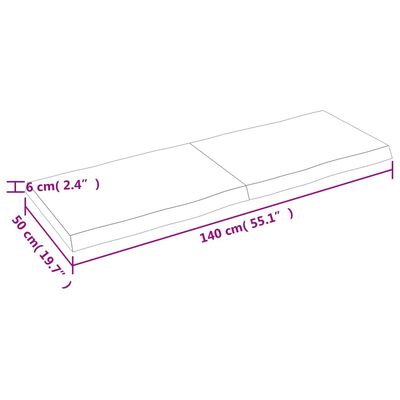 vidaXL Borðplata Ljósbrún 140x50x(2-6) cm Meðhöndluð Náttúrul. Brúnir