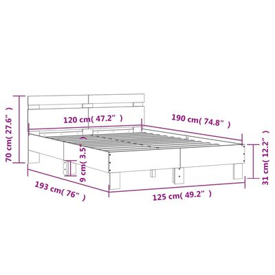 vidaXL Rúmgrind með LED án Dýnu Sonoma Eikarlitur 120x190 cm