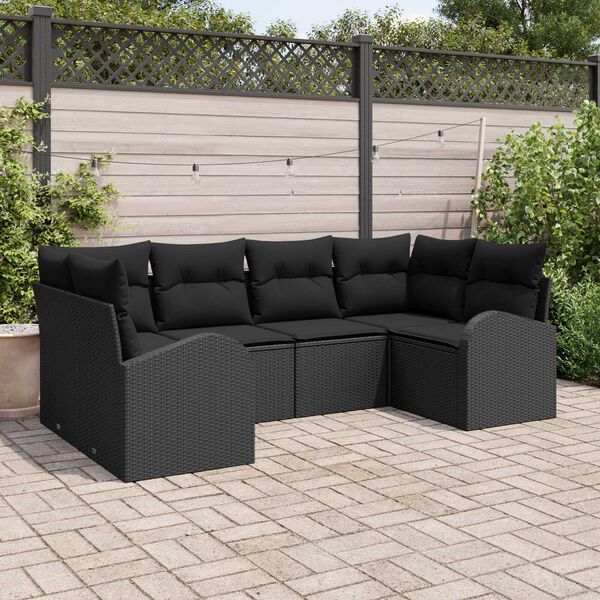 vidaXL Garðsófa sett með púði 6 pcs Svartur Poly Rattan