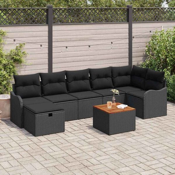 vidaXL Gar&eth;s&oacute;fa sett me&eth; p&uacute;&eth;i me&eth; geymslu 8 pcs Svartur Poly rattan
