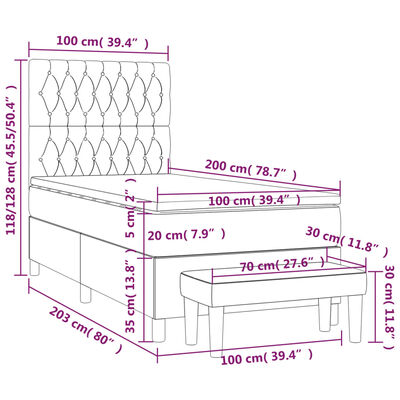 vidaXL Hólfað Springrúm Dökkgrátt 100x200 cm Flauel