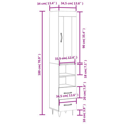 vidaXL Hár Skápur Sonoma Eik 34,5x34x180 cm Samsettur Viður