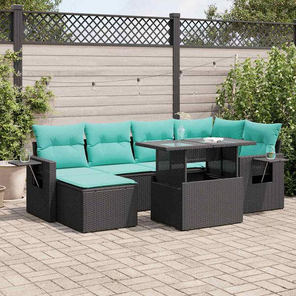 vidaXL 7 stykki gar&eth;s&oacute;fasett me&eth; p&uacute;&eth;um Black Poly Rattan Acacia