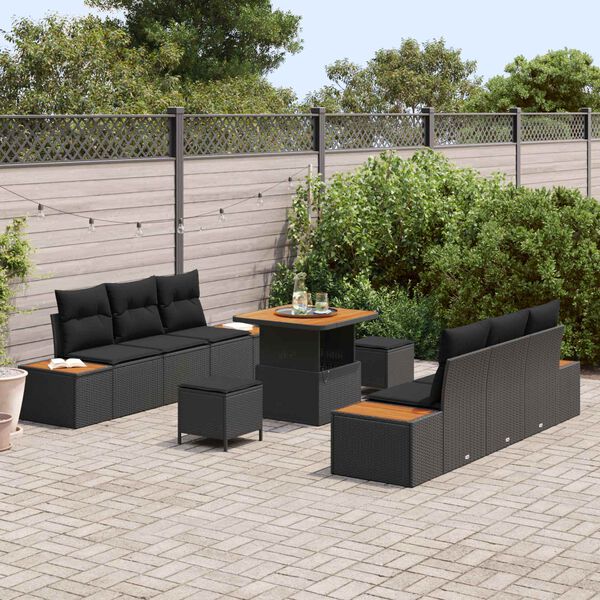 vidaXL Gar&eth;s&oacute;fa sett me&eth; p&uacute;&eth;i me&eth; geymslu 9 pcs Svartur Poly rattan