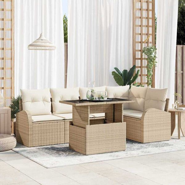 vidaXL Gar&eth;s&oacute;fa sett me&eth; p&uacute;&eth;i me&eth; kodda 6 pcs Drapplita&eth;ur Poly rattan