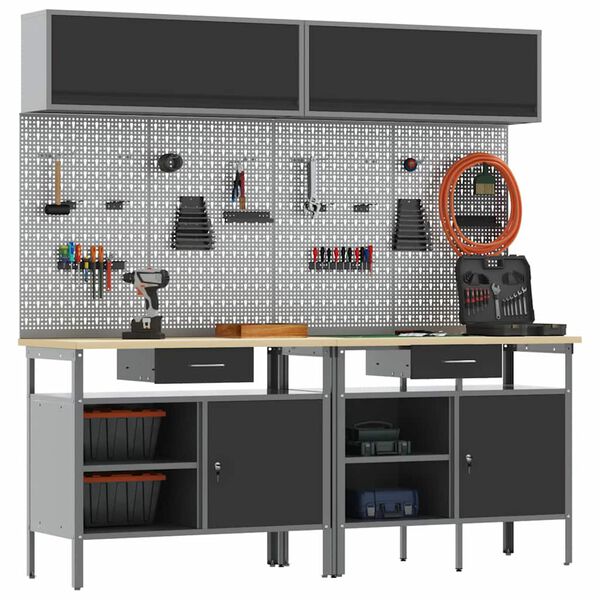 vidaXL Vinnubekkur sett með hillu 8 pcs Svartur 200 x 55 x 200 cm Stál