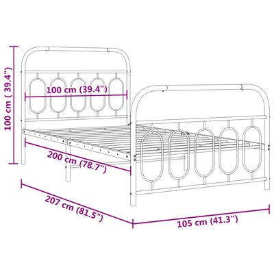 vidaXL Rúmgrind úr Málmi með Höfuðgafli & Fótagafli Svört 100x200 cm