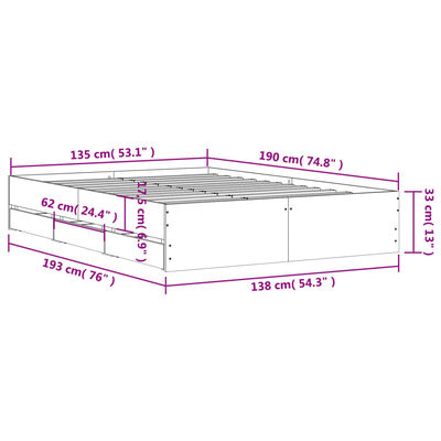 vidaXL Rúmgrind með Skúffum án Dýnu Gráir Sonoma Eik 135x190 cm