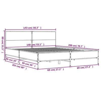 vidaXL Rúmgrind án Dýnu Reyktóna Eikarlitur 140x200 cm