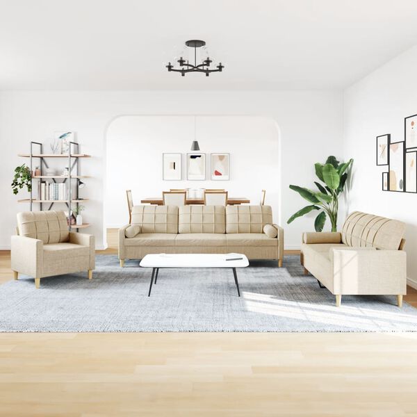 vidaXL 3 Parta Sófasett með Sessum Kremi Efnisáklæði