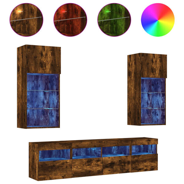 vidaXL 5 Parta Veggsj&oacute;nvarpseiningar m/ LED Reyklitu&eth; Eik