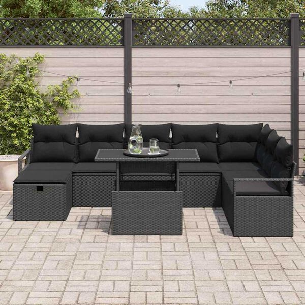 vidaXL Gar&eth;s&oacute;fa sett me&eth; p&uacute;&eth;i me&eth; geymslu 9 pcs Svartur Poly rattan