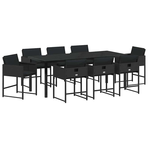 vidaXL Gar&eth;ur bor&eth;sett me&eth; p&uacute;&eth;i 9 pcs Svartur p&oacute;l&yacute;rattan