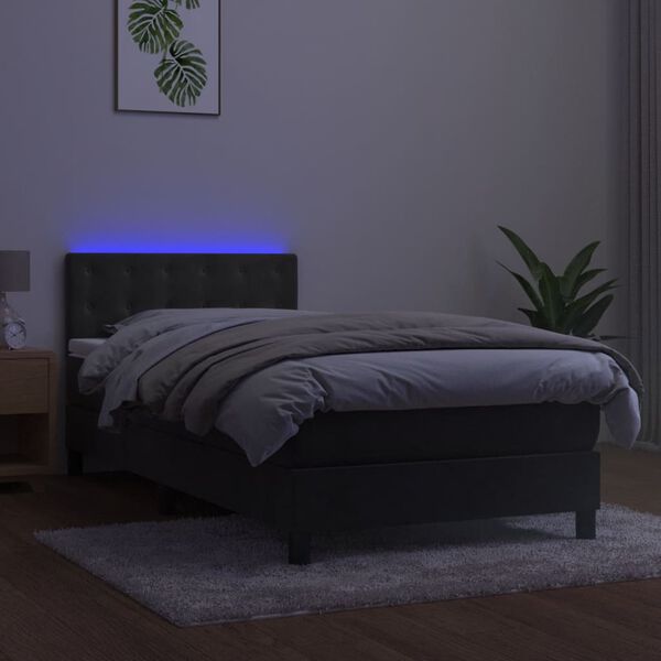 vidaXL H&oacute;lfa&eth; Springr&uacute;m me&eth; D&yacute;nu&LED D&ouml;kkgr&aacute;tt 90x200 cm Flauel